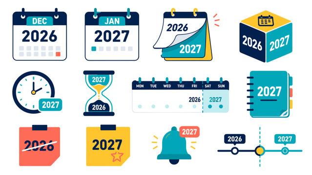 Colorful calendar icons show year transitions. Bright design suggests forward momentum and planning. Visuals include clocks, alarms, and timelines for time management