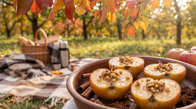 Baked apples with nuts arranged on a picnic blanket in autumn  