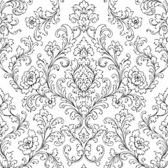 Fototapeta premium Museum-quality seamless ornamental pattern inspired by the luxurious interiors of the Palace of Versailles. This highly detailed botanical damask features oversized peony blossoms, flowing acanthus le