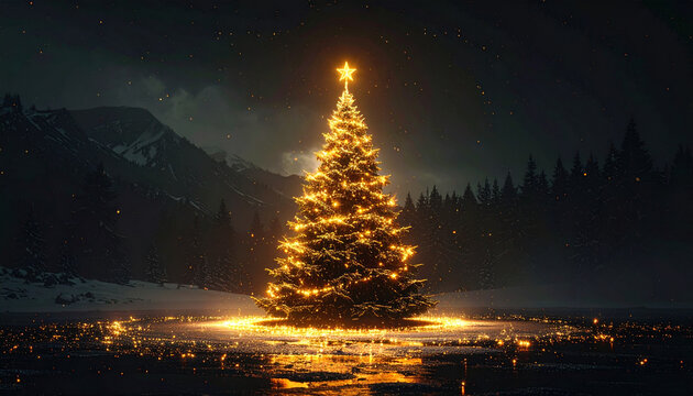 Glowing Christmas tree in snowy mountain landscape at night