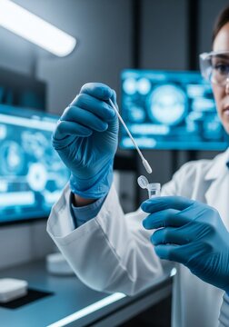 Female scientist in blue gloves holding cotton swab and sample tube in high-tech laboratory. Researcher conducting medical test or DNA analysis with digital screen background.