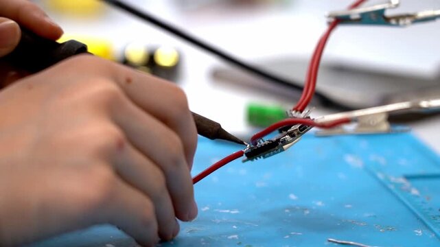 Hands weld wires with focused precision. Red wires clip to a small circuit board. Blue mat holds tools and components. Hands steady, eyes on connection, calm, focused. Great for electronics, DIY