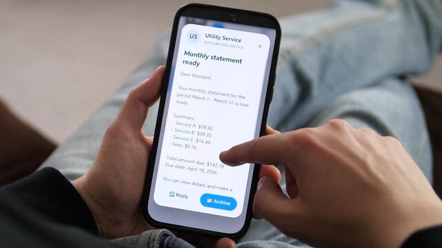 Smartphone showing email inbox with multiple messages including utility bill and work correspondence. Detailed view displays March statement with charges and due date. 
