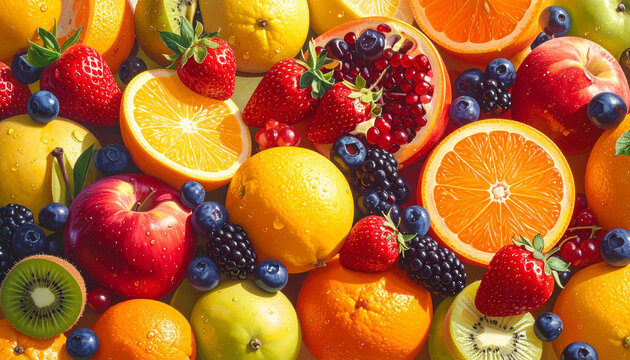Assorted fresh fruits and berries close-up still life