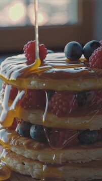 Honey drizzling on pancakes in slow motion, vertical
