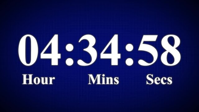 5 Hours countdown timer animation, isolated on a blue and grid background with an alpha channel. High quality 4K video.