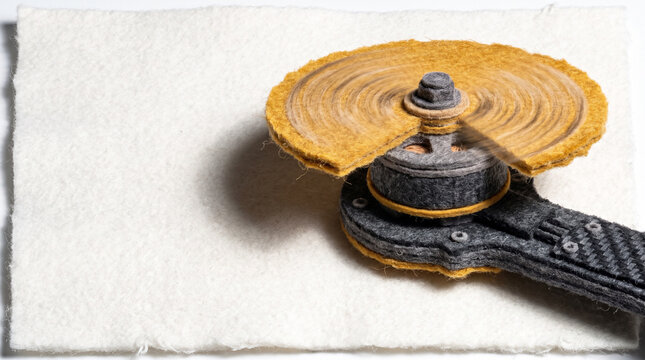 Close-up of a spinning polishing tool on a white surface  