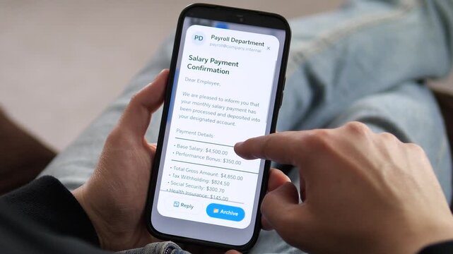 Mobile email interface with payroll message and full payment breakdown. Features deductions for tax, social security, and health insurance. 