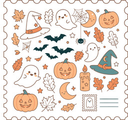 Obraz premium Halloween collection of cute doodle stickers and postage stamp elements with halloween, stickers