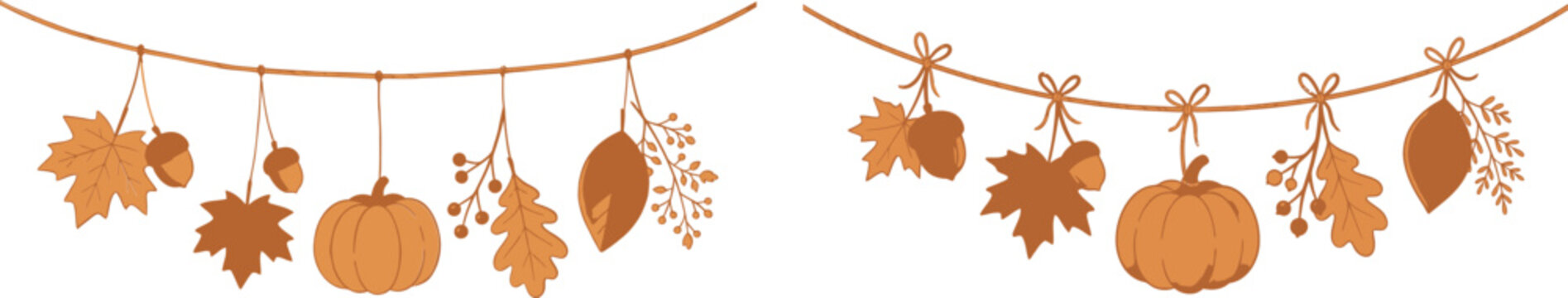 Autumn harvest festive bunting with hanging pumpkins and fall leaves decoration, thanksgiving