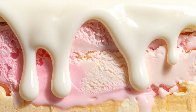 Close-up of melting ice cream with white sauce drizzle