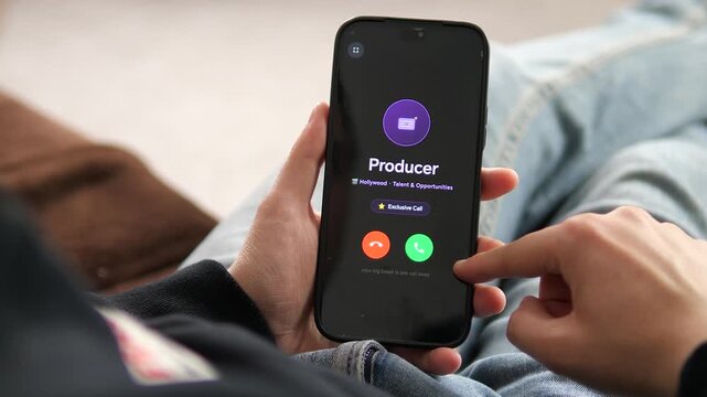 Phone screens with exclusive producer call interface. Represents gateway to entertainment industry and career advancement. 