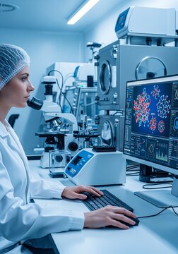 Female Researcher Working at Computer in High-Tech Science Lab