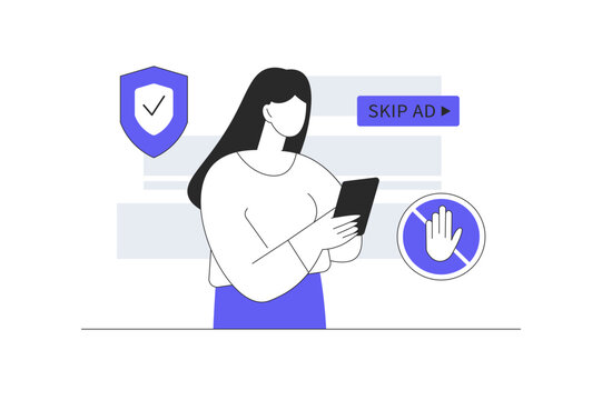 Internet Privacy Guard and Online Security Adblock Extension. Female Character Browsing Smartphone near Skip Ad Button and Stop Sign. Flat Cartoon Vector Illustration, icon Stylish abstract design web