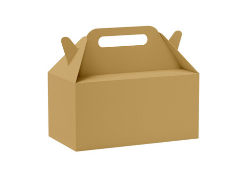 Kraft brown gable paper food takeout box with handle isolated on transparent background PNG