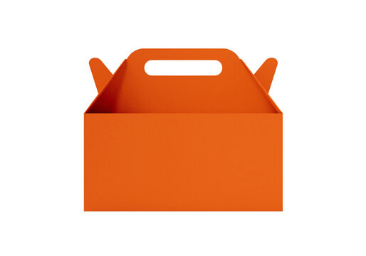 Bright orange gable paper food takeout box with handle isolated on transparent background PNG