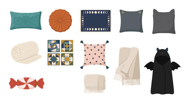 Collection of decorative pillows and plush toys arranged on a surface with a variety of colors and patterns