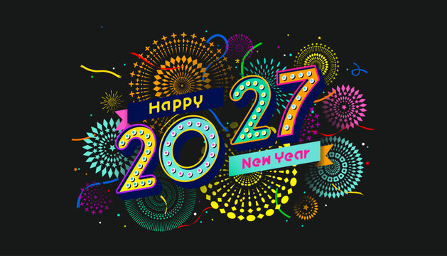 Happy New Year 2027 background design with colorful fireworks and typography. 