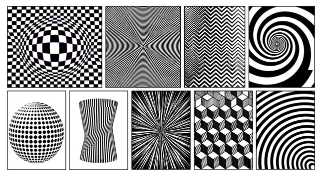 Collection of abstract optical illusion patterns with various geometric designs and textures