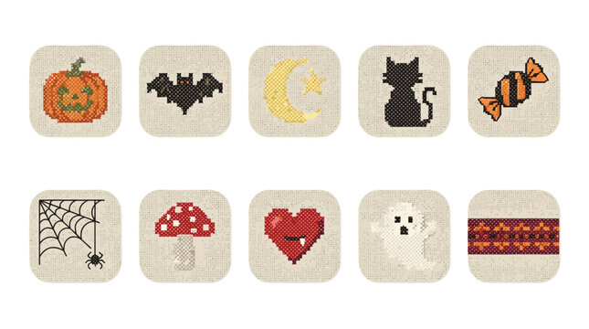 Set of ten cute and spooky halloween icons including pumpkin bat moon cat candy and spider
