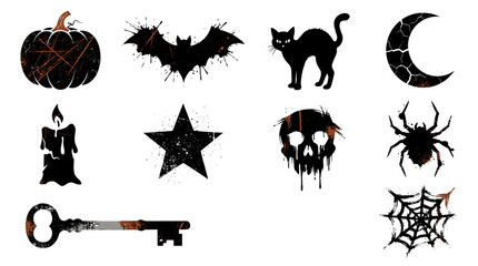 Fototapeta premium Collection of spooky halloween symbols including pumpkin bat cat moon skull key spider and web