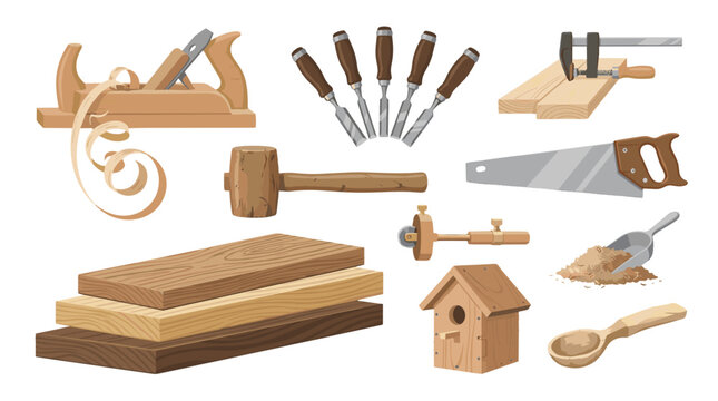 Collection of woodworking tools and materials including saws chisels and wooden planks