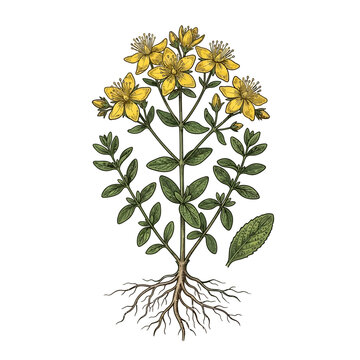 St. John's Wort Flowering Plant Botanical Illustration with Roots