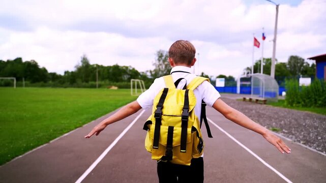 Child stands on track with open arms. Yellow backpack suggests adventure or new beginnings. Background shows green fields and distant flags. Feeling of freedom and excitement is clear