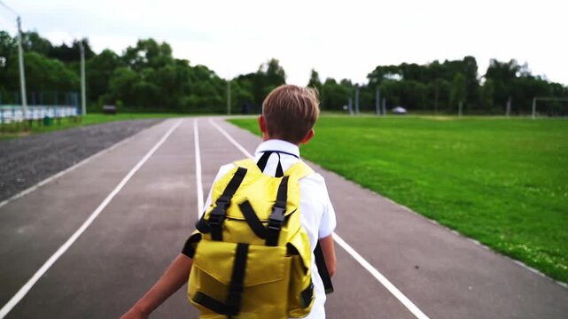 Child walks on running track. Yellow backpack stands out. Green field stretches ahead. He moves toward unknown future. School day begins with quiet hope. Perfect for educational or youth themes