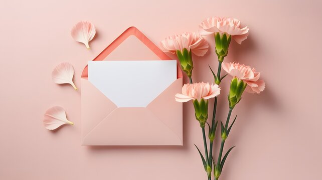 Open envelope with blank white paper note beside fresh pink carnation flowers on light pastel background