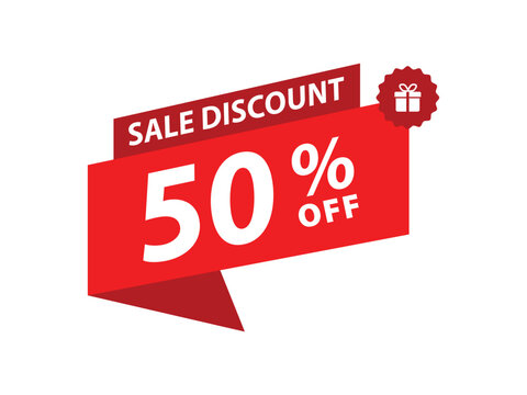 Red Sale Discount 50 Percent Off Vector Tag Ribbon Banner Label Design Template for Shopping