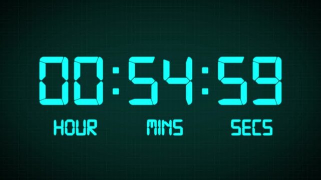 1 Hours countdown timer animation, isolated on a blue and grid background with an alpha channel. High quality 4K video.