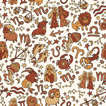 Astrological zodiac vector seamless pattern. Western astrology symbols. Horoscope, fortune telling. Aries, Taurus, Pisces, Virgo, and others.