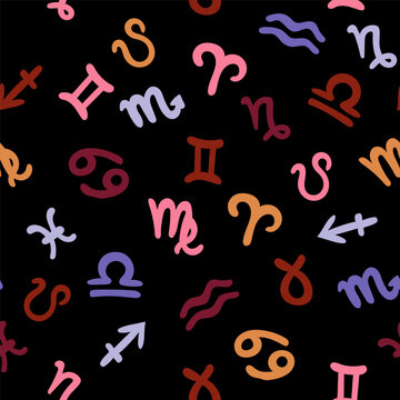 Astrological zodiac vector seamless pattern. Western astrology symbols. Horoscope, fortune telling. Aries, Taurus, Pisces, Virgo, and others.
