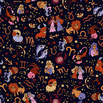 Astrological zodiac vector seamless pattern. Western astrology symbols. Horoscope, fortune telling. Aries, Taurus, Pisces, Virgo, and others.