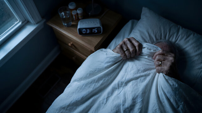 Elderly person lying in bed holding a blanket in fear during late night insomnia with a digital clock reading 03:15 on the nightstand