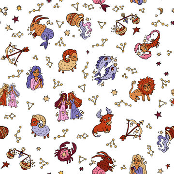 Astrological zodiac vector seamless pattern. Western astrology symbols. Horoscope, fortune telling. Aries, Taurus, Pisces, Virgo, and others.