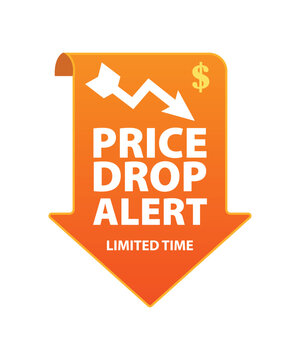 Orange price drop alert banner with downward arrow and dollar sign.