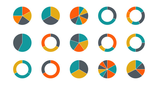 Assorted circular pie charts and donut graphs in orange, teal, and grey colors
