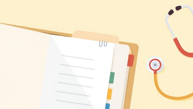 A clipboard with documents and a stethoscope lies on a clean desk. Generative AI.