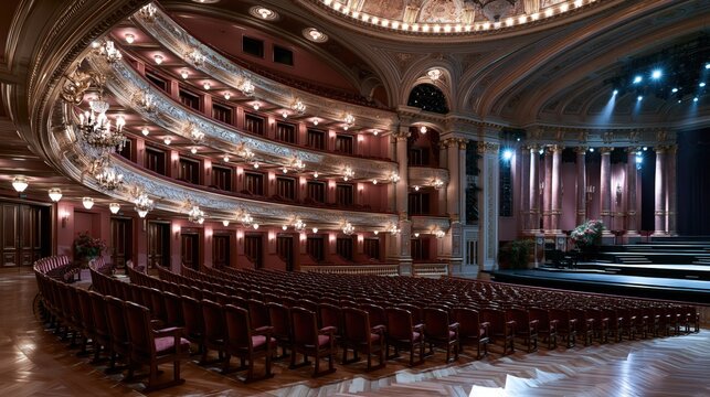 Stage and seating area in a theater during a performance in the evening
