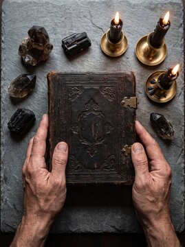 caucasian male hands holding ancient grimoire book on dark slate background. lit black candles in brass holders and crystals. occult, magic and witchcraft, fantasy concept. cover design.