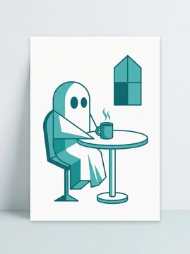 geometric ghost sitting at table drinking hot coffee from mug. cozy morning routine concept. teal and white flat illustration with window. spooky autumn holiday. poster, card design with copyspace.
