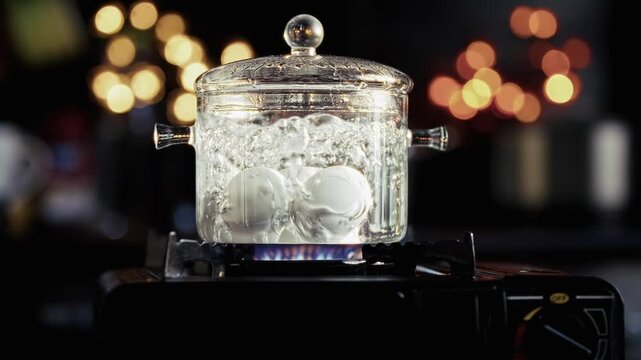 Boiling Eggs In Transparent Glass Pot With Water On Gas Stove. Breakfast Preparation