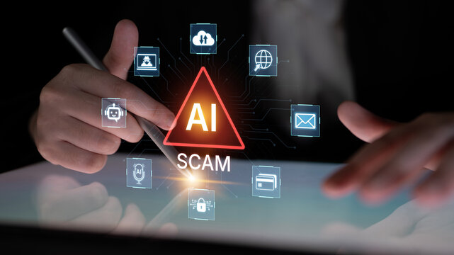 Cybersecurity concept featuring an AI detector scanning digital content for deepfakes and authenticity. Represents copyright protection, fake news prevention, and C2PA content credentials. Corpus