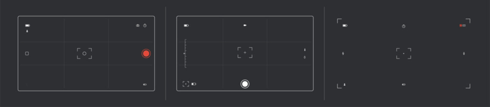 Camera viewfinder ui. Photo and video recording screen interface of camera, dslr video camera and camcorder viewfinder graphic elements. Vector viewfinders ui isolated set.
