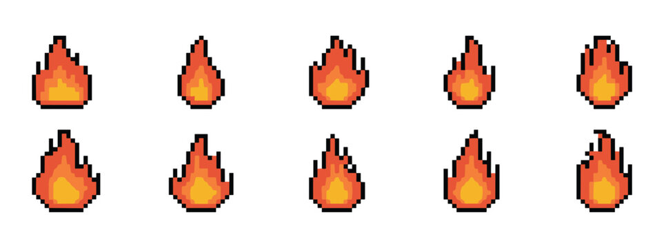 Collection of ten pixel art flames in various sizes and styles set against a clean white background for versatile graphic use