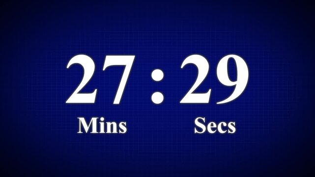 30 minute countdown timer animation, isolated on a blue and grid background. 1 minutes countdown timer animation, 4k High quality video.