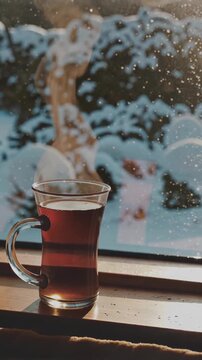 Hot tea with steam by snowy winter window, vertical