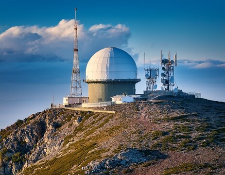 large radar dome on mountain peak with antennas and buildings